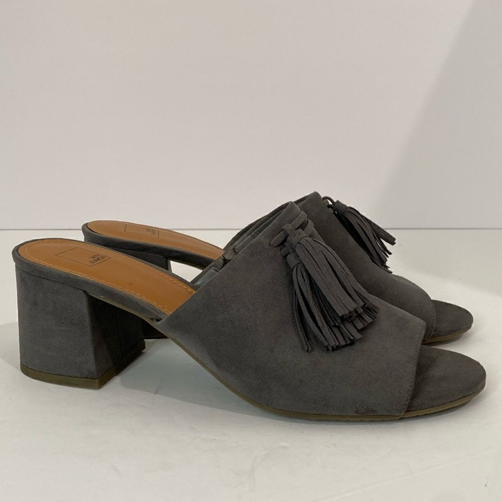 14th & Union Romi Tassel Gray Faux Suede Open Toe Sandal Mule Heel